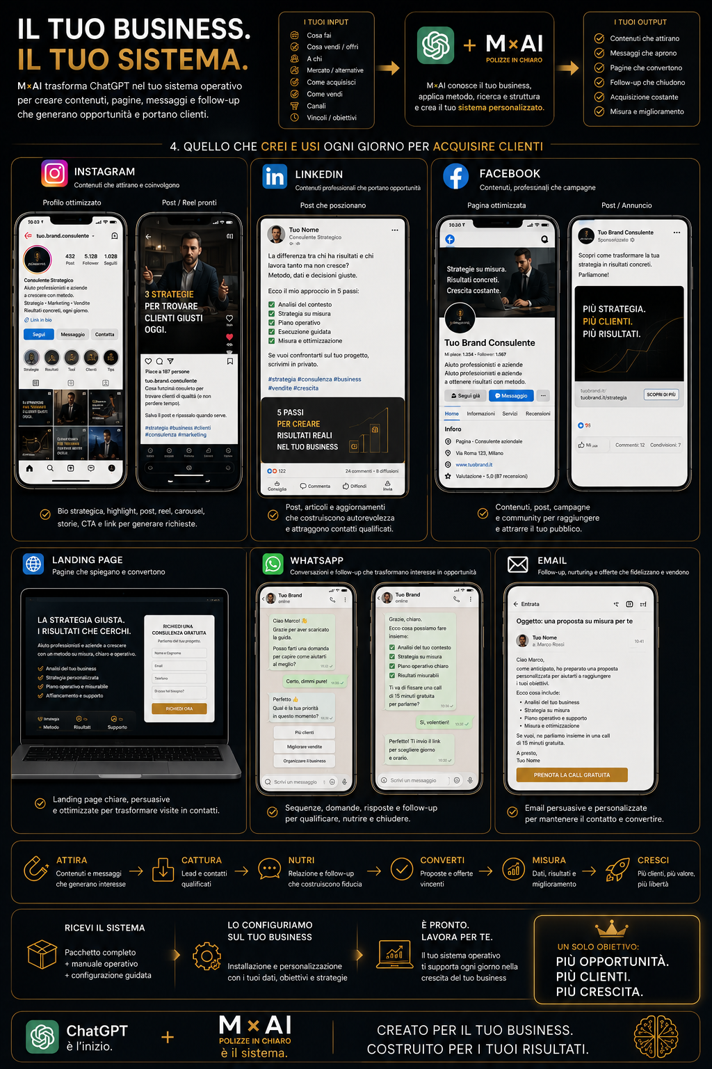 Tavola M×AI: dagli input del tuo business ai contenuti per Instagram, LinkedIn, Facebook, landing page, WhatsApp ed email.